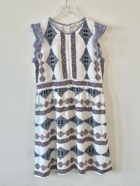Loft White Sleeveless Boho Print Dress with Navy & Red Details